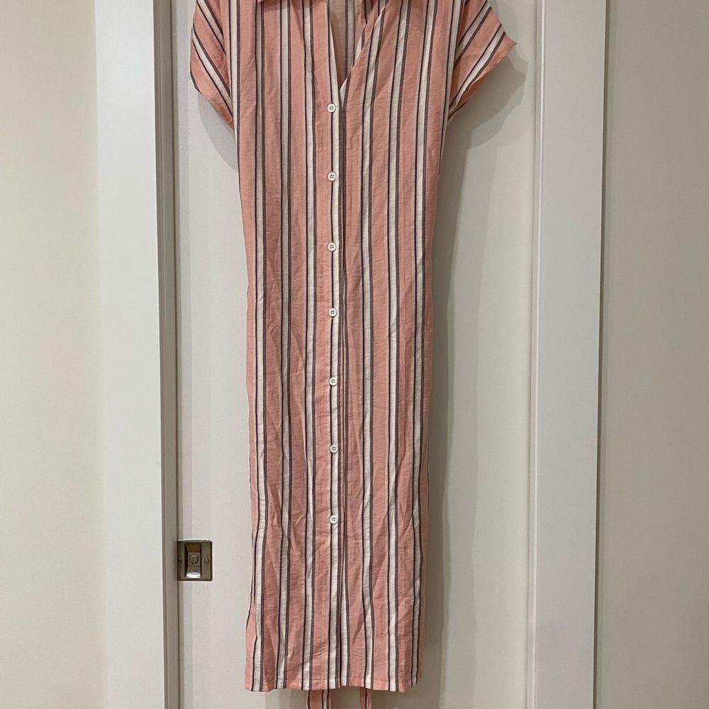 SHEIN Pink White Gray stripe belted Dolman Sleeve Midi shirt Dress medium - Picture 4 of 8